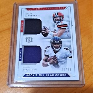 2018 National Treasures Lamar Jackson Baker Mayfield Dual Patch Rookie Card